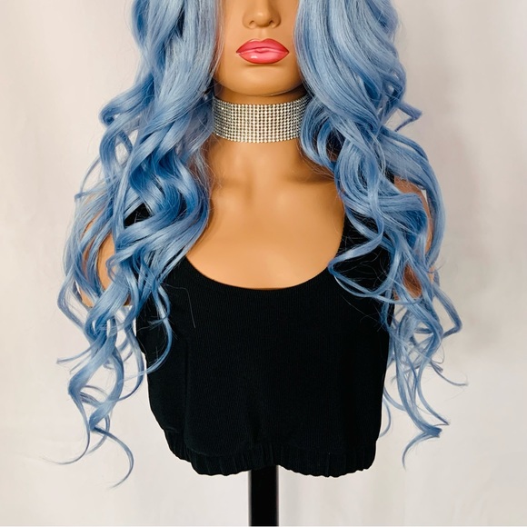 Very Pretty 28” Powder Blue Glueless Lace Front Premium Fiber Wig - Picture 2 of 12